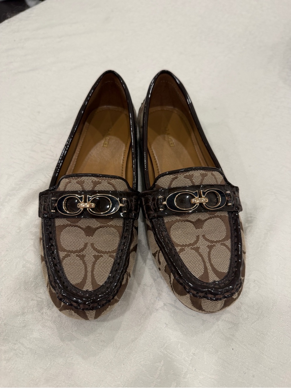 Coach Brown Signature Canvas Loafers with Patent Trim and Gold Hardware